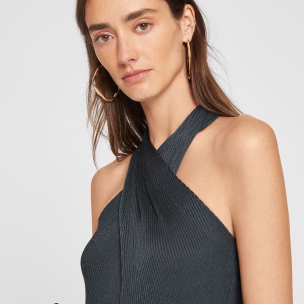 Club Monaco Women's Ribbed Maxi Dress - Beautiful Dark Blue Green Cross Front